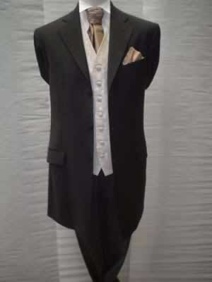 Black lightweight three-quarter jacket with grey stripe trousers and coffee waistcoat